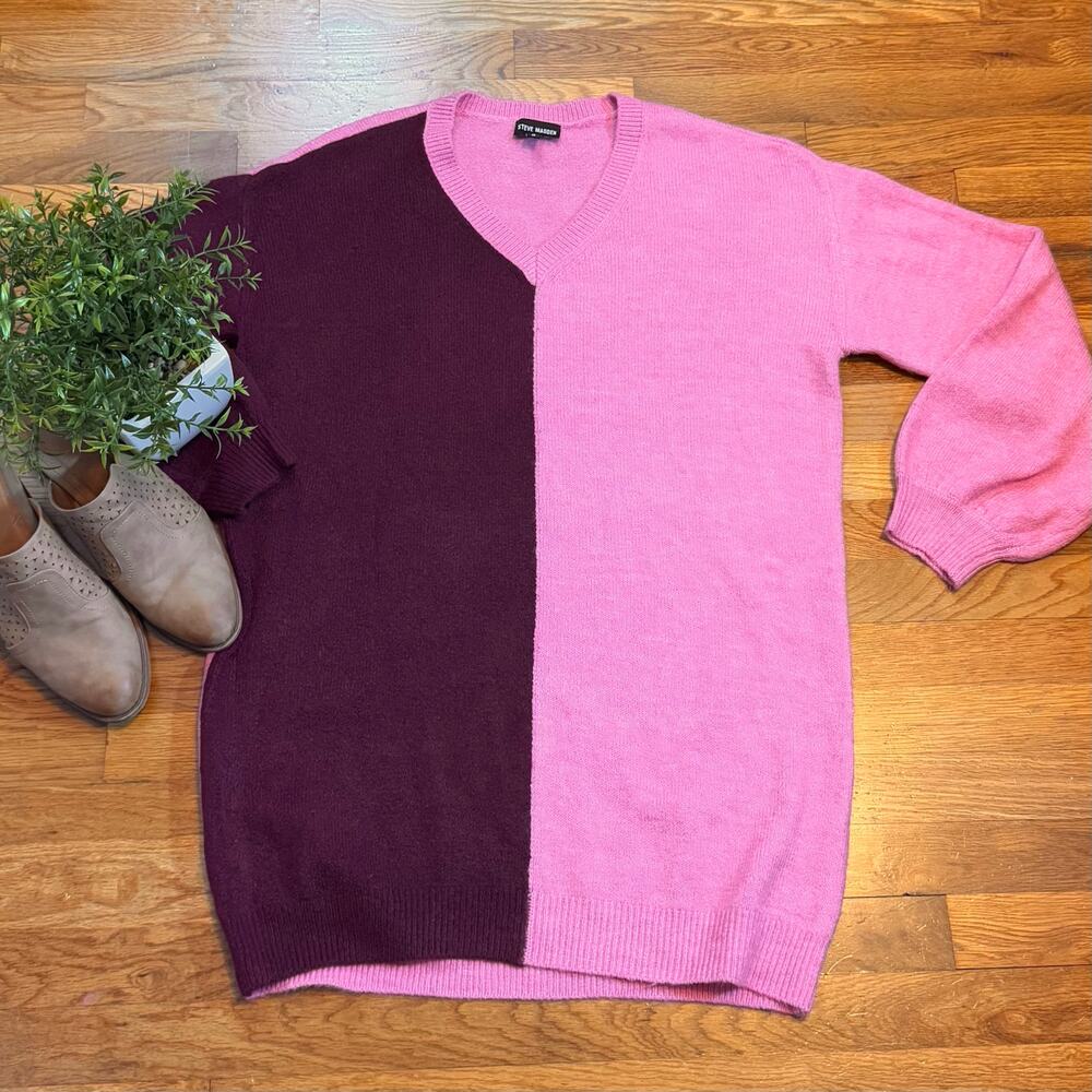 Steve Madden Womens Small Pink Purple V-neck Long Sleeve Knit Sweater Dress Mini